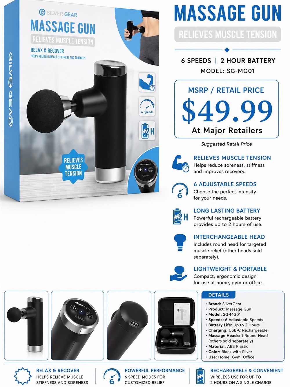 Silver Gear Black Massage Gun – Deep Tissue Percussion Massager